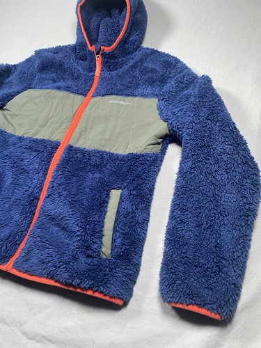 Eddie Bauer Full Zip Sherpa Fleece Jacket Blue Large 14/16 kids Green Camping - Picture 2 of 5