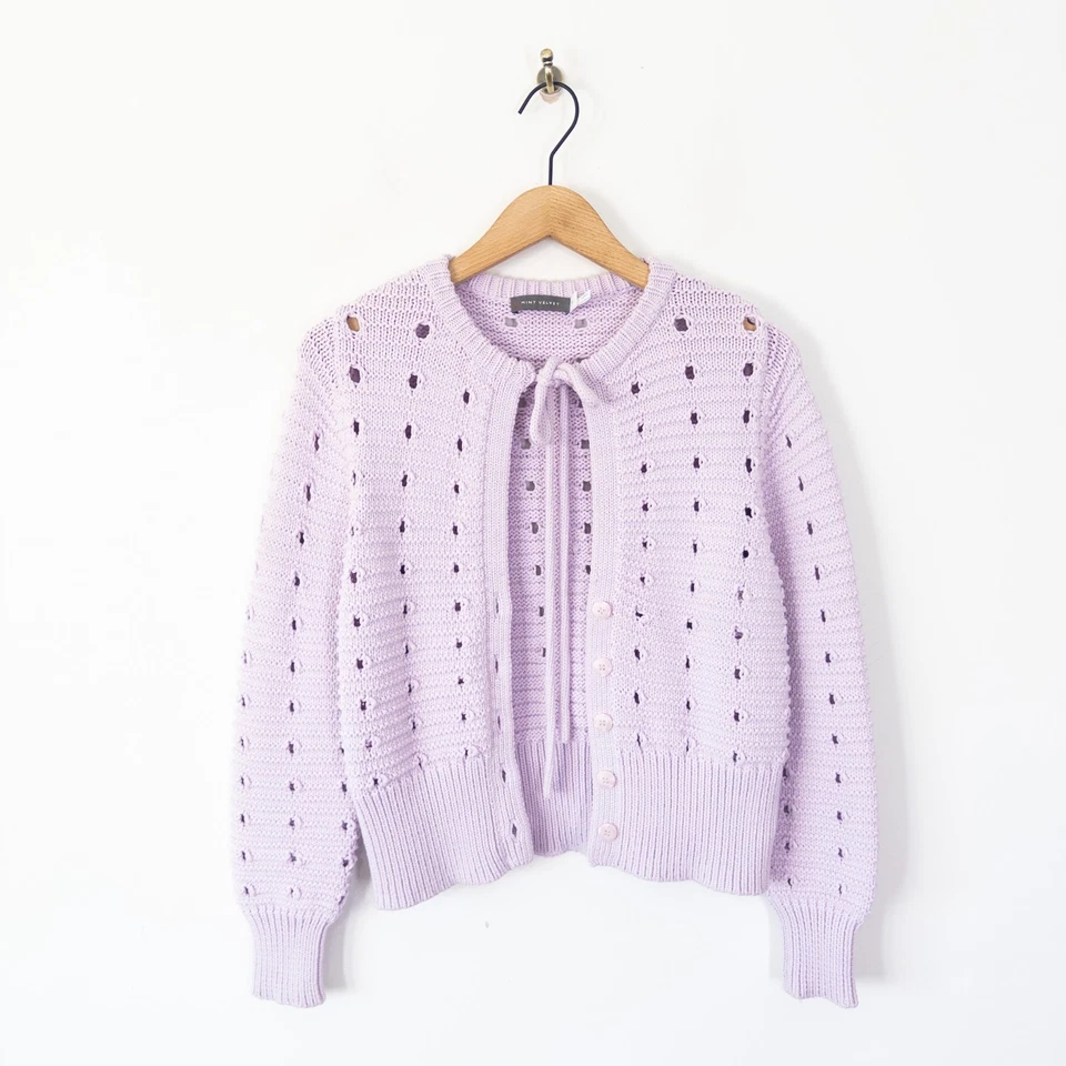 Mint Velvet Openwork Tie Neck Cardigan Size M 12 Lilac Chunky Knit Cotton - Image 4 of 4