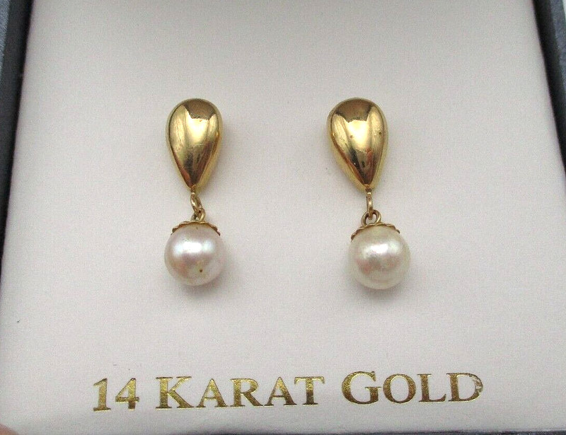 14K 585 Yellow Gold Pearl Teardrop Dangle Earrings