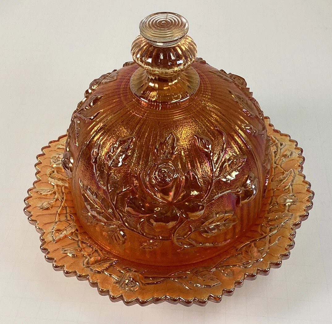 Vintage Imperial Glass marigold open Rose Carnival glass master butter