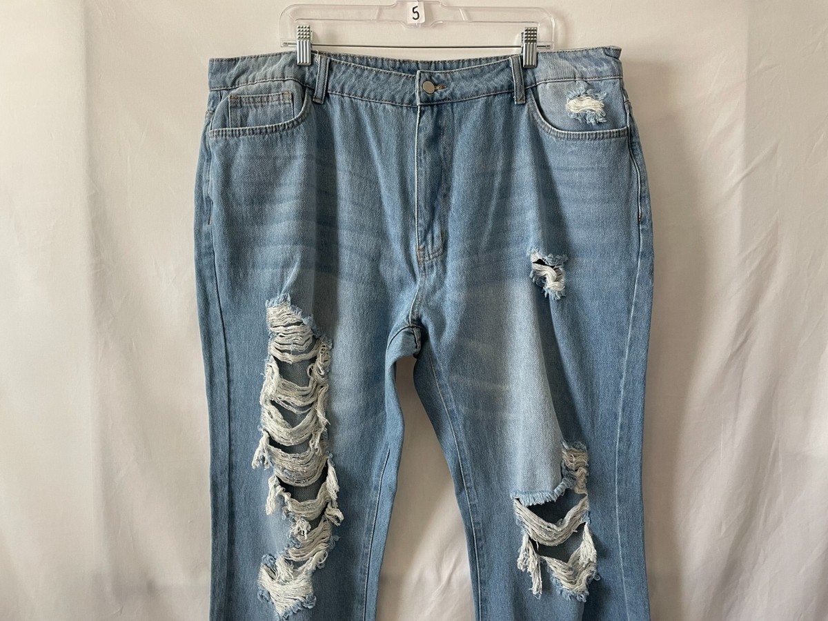 Shien Curve Womens Sky Blue High Rise Distressed Boyfriend Denim 