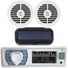 Pyle PLRMR23BTW Marine Boat AM/FM MP3 USB AUX Input Receiver, 2x Speakers, Cover