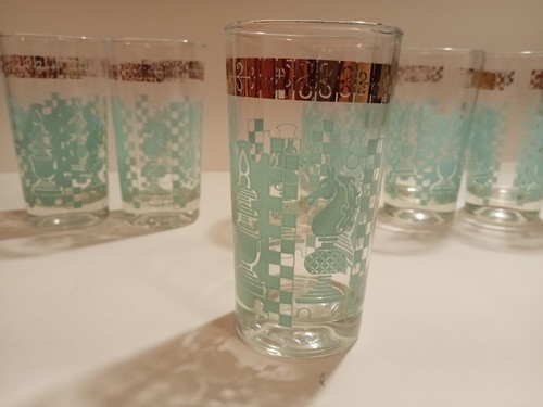 6 Vintage Mid Century Modern Gold Aqua Tumblers Glasses Chess Pieces - Picture 5 of 7