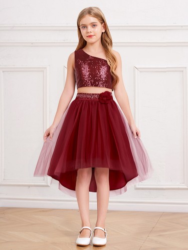 Mädchen Kleidensatz Armlos Perlen-Outfit Unregelmäßiger Saum Solid Color Luxus - Bild 13 von 81