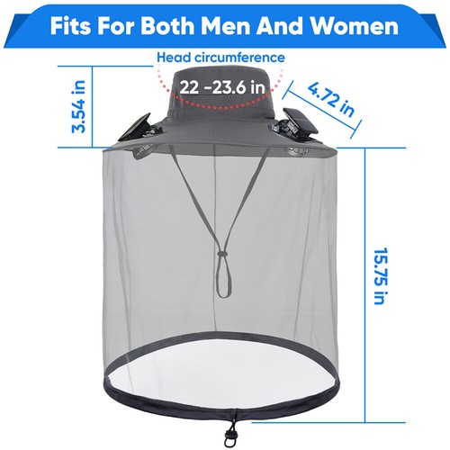 Solar & USB Fan Hat With Mosquito Head Net Wide Brim Outdoor Fishing Sun Hat Men - Picture 8 of 12