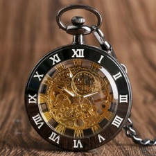 Luxury Gold Skeleton Open Face Mechanical Pocket Watch Pendant Roman Numerals