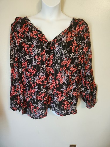 Liz Claiborne roter Blumendruck metallic gestreiftes Oberteil Boho 2X XXL