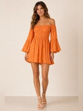 Free People Orange Floral Smocked Off Shoulder Bell Sleeve Dress Size Medium