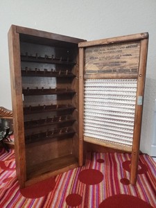 Vintage Table Top/Hanging Thread Spool Wooden Cabinet DUBL HANDI Washboard Door