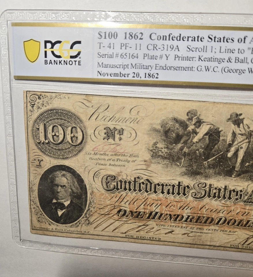 1862 T-41 $100 Confederate States of America Note - VF25 Graded PCGS - Image 2 of 4
