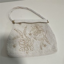 White Gold Beaded Floral Kiss Lock Clutch w/ Shoulder Strap, Lined