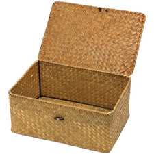 Wicker Storage Basket with Lid, Natural Seagrass Woven Shelf Basket for Stora...