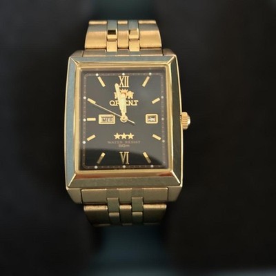 Orient Square Gold Quartz Watch Day Date Black Dial Papers Vintage Japan