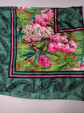 Oscar De La Renta Silk Floral Signed Scarf Green Pink Made in Japan S3