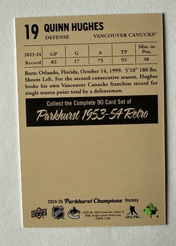 QUINN HUGHES 2024-25 Parkhurst Champions /53 UD 1953-54 Retro #22/53 SP Rainbow - Picture 3 of 3