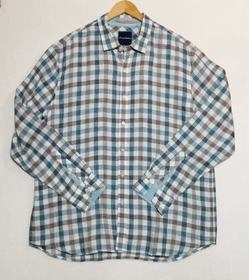 Tommy Bahama 100% Linen Plaid Button Up Shirt Men s XL Blue Gray Long Sleeve