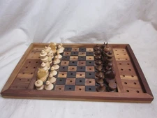 vintage Chess detailed carved wood pieces & peg board  hand made wooden set