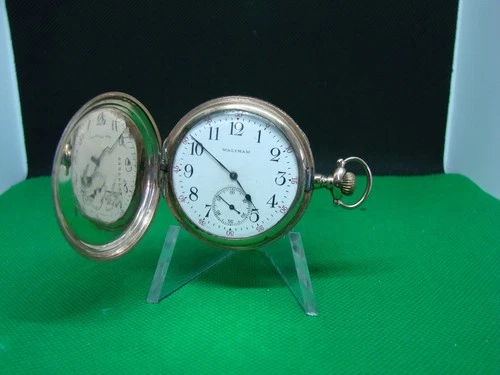 POCKET WATCH 12s WALTHAM 17j GOLD FILLED HUNTER CASE FANCY 46mm ! ht17
