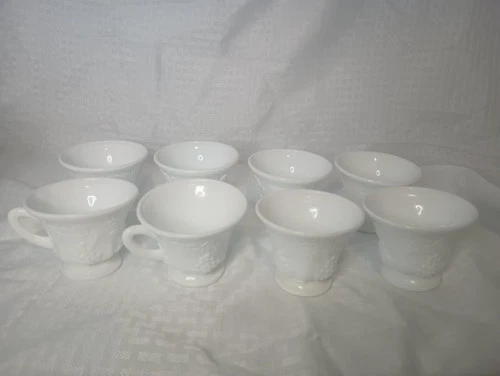 Set Of 8 Vintage Milk Glass Grapevine Pattern Cups 3.5" Diameter Footed Design E