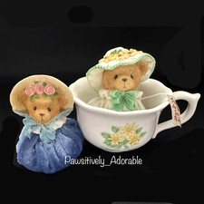 Cherished Teddies 2 Spring Bonnet Ladies, Tea Cup, Bean Bag Figurines 770515D
