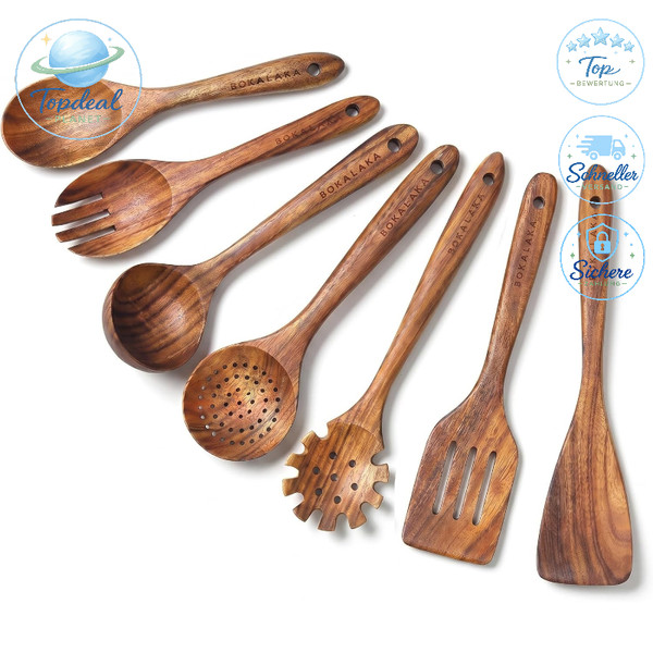HolzlöFfel 7-Teilig KüChenhelfer Set Kochutensilien Holzspatel Zum Kochen-image
