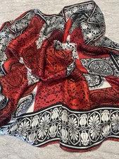 100 silk Red Blk White Fluoride handmade women's silk Square scarf 33" X32" Vtg