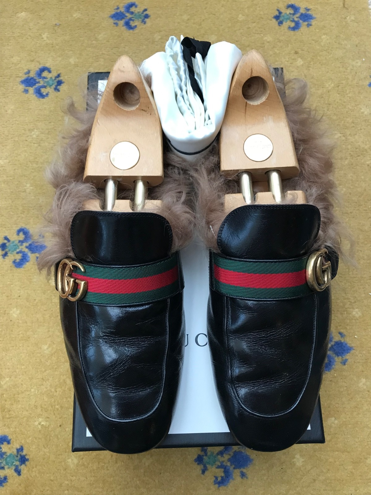 Gucci Princetown Slipper Loafers Shoes Double G Web Green Fur Mens US 11 UK 10.5
