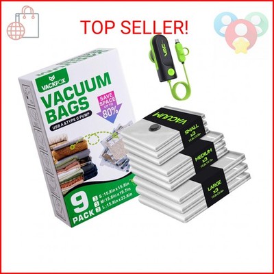 VACKFOX Travel Vacuum Bags with USB & TYPE C Pump, 9 Pack Carry-On Vacuum Storag