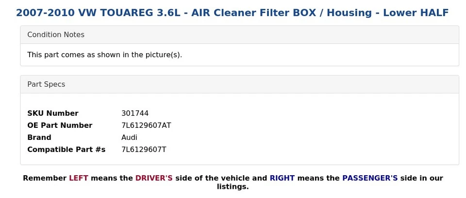VW TOUAREG 2007-2010 3,6 L - Caja de filtro de filtro de aire / carcasa - mitad inferior Foto 4 de 4