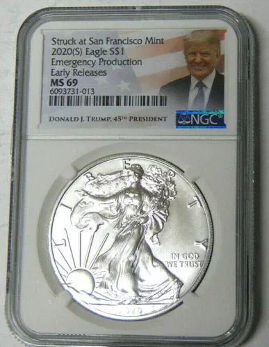 NGC MS69 2020 (S) American Silver Eagle Emergency Production Donald J Trump