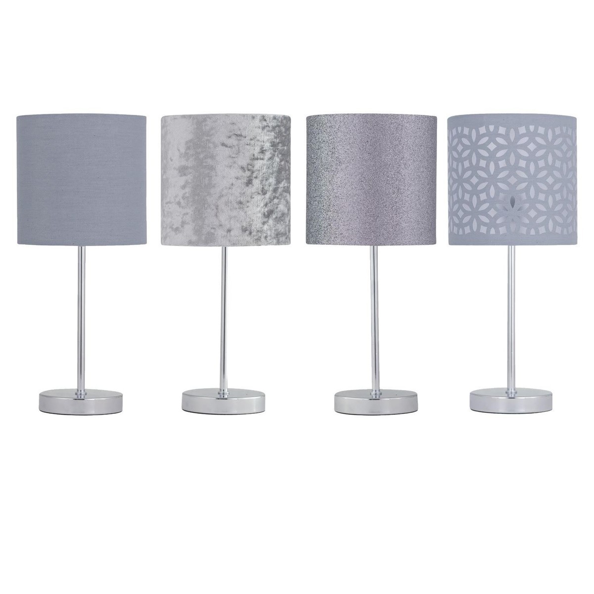 Chrome 35cm Table Lamp Bedside Light Grey Cotton Velvet Glitter Shade