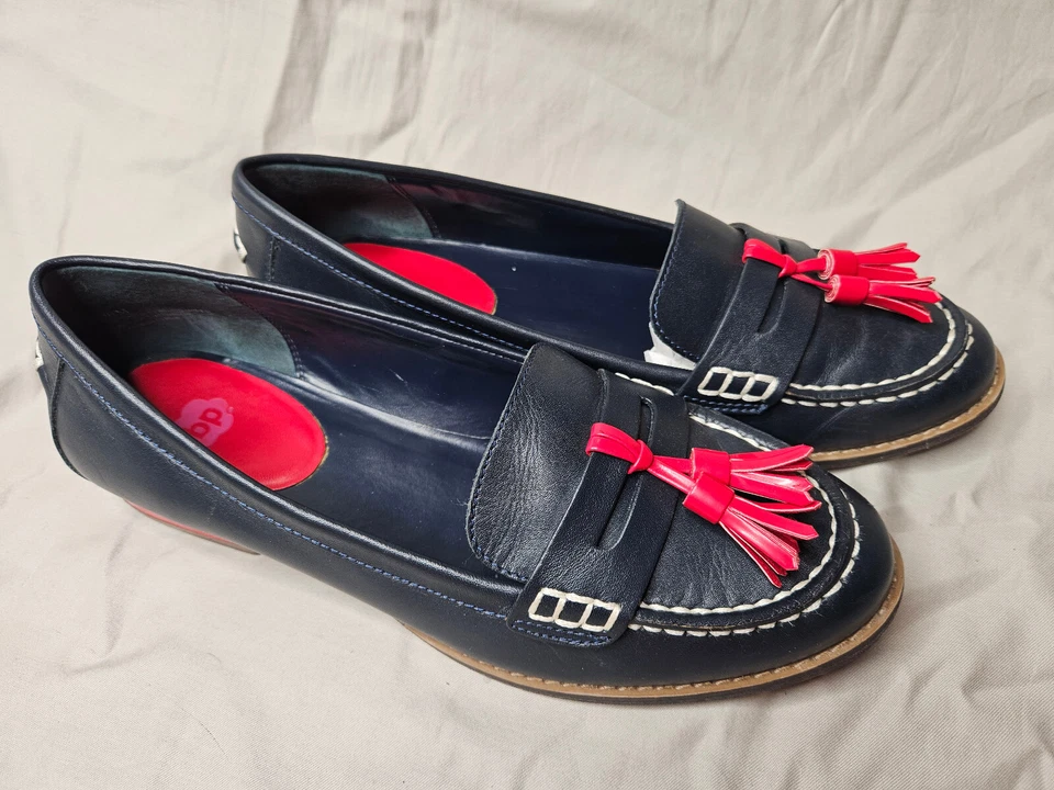 BP Nordstrom Penny Mocasines Mujer 9.5 Azul Marino Rojo Cuero Borla Sin usar, en caja Puntera Zapatos Foto 2 de 4