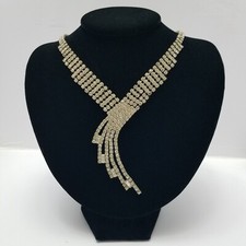 Vtg Mid Century 50s Clear Rhinestone Encrusted Necklace Swirl Silvertone Formal