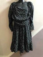 MISS SELFRIDGE BLACK PATTERNED SQUARE NECK PUFF SLEEVED MINI DRESS SIZE 12 UK