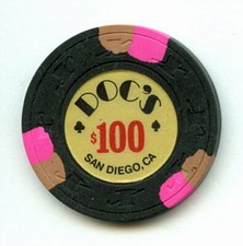 OLD VINTAGE 1983 CALIF CARD ROOM CHIP - $100.00 - DOC'S CARD ROOM - SAN DIEGO CA