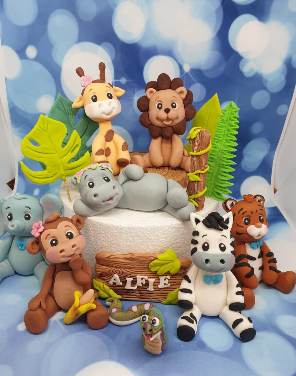 Baby Safari Jungle Animals Edible Fondant Leaves Birthday Cake Topper