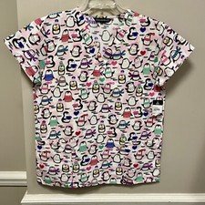 Cassandra O Sz S Pink Blue  Black Christmas Penguin   Scrub Top NWT