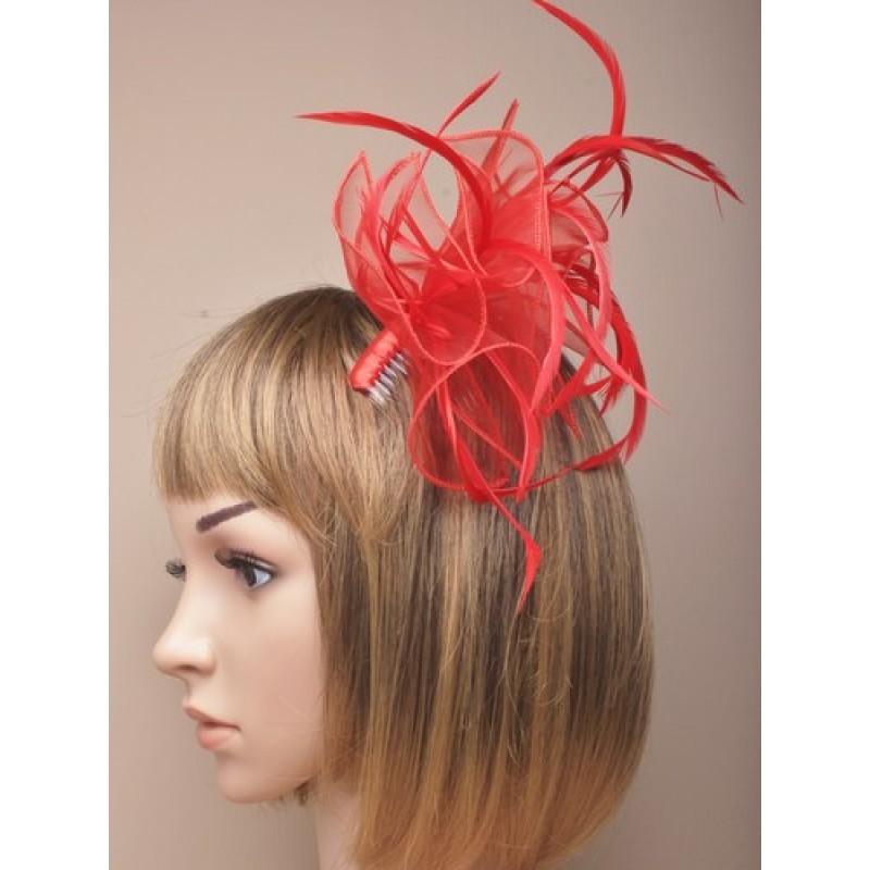 NEW Red Looped Fabric Feather Comb Fascinator Wedding Prom Races Ascot Ball