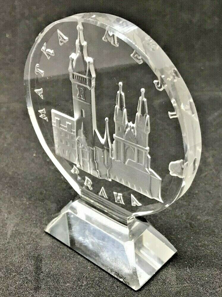 Praque Czech Republic Mother of Cities Souvenir Glass Sculpture Etched