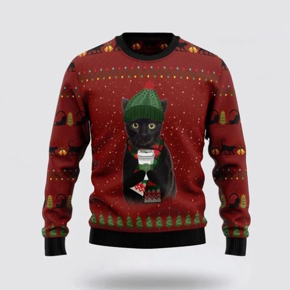 Black Cat Coffee Ugly Christmas Sweater, Christmas Unisex Sweat