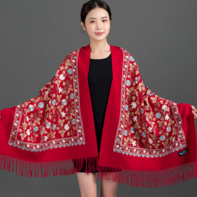 Chinese Red Embroidered Ginkgo Leaf Imitation Wool Cashmere Shawl Cape for Women