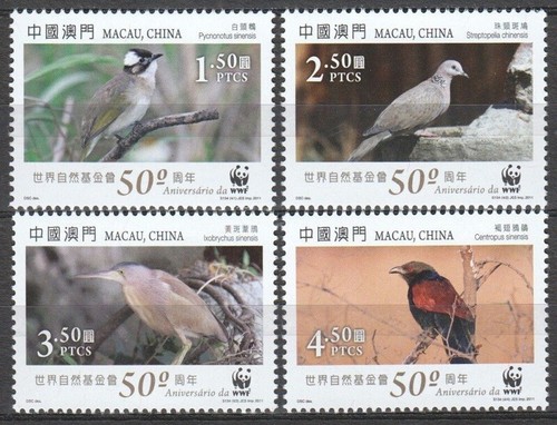 Macau 2011 MNH 4v, Birds, WWF, Greater Coucal, Yellow Bittern, Dove, Bulbul