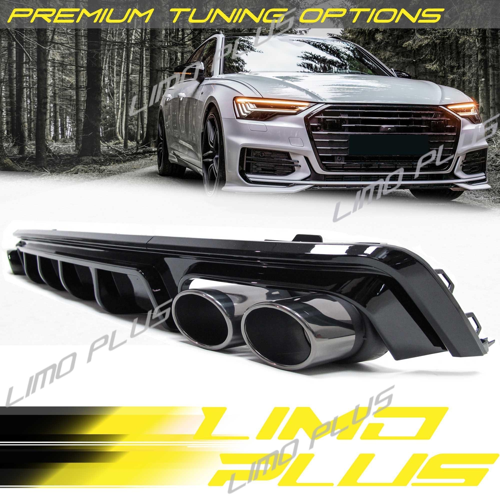 Rear Diffuser w/ Black Round Exhaust Tips for 2019-2025 Audi A6 C8 S-line S6