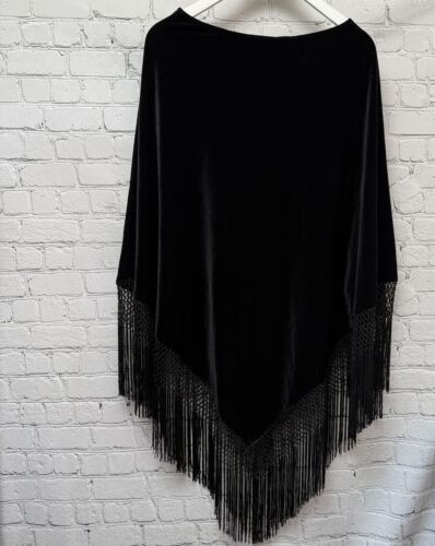 Black Stretch Velvet Poncho Elegant Evening Accessory Fringed - Picture 10 of 10