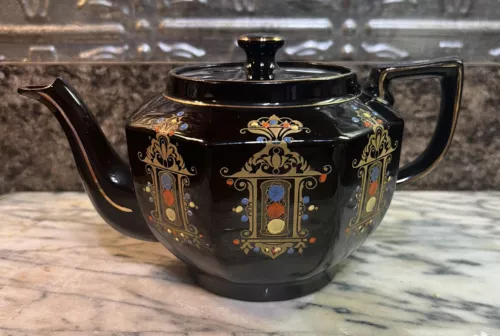 Vintage 1928 Gibson and Sons Hand Painted Teapot Burslem England Black Gold 5”