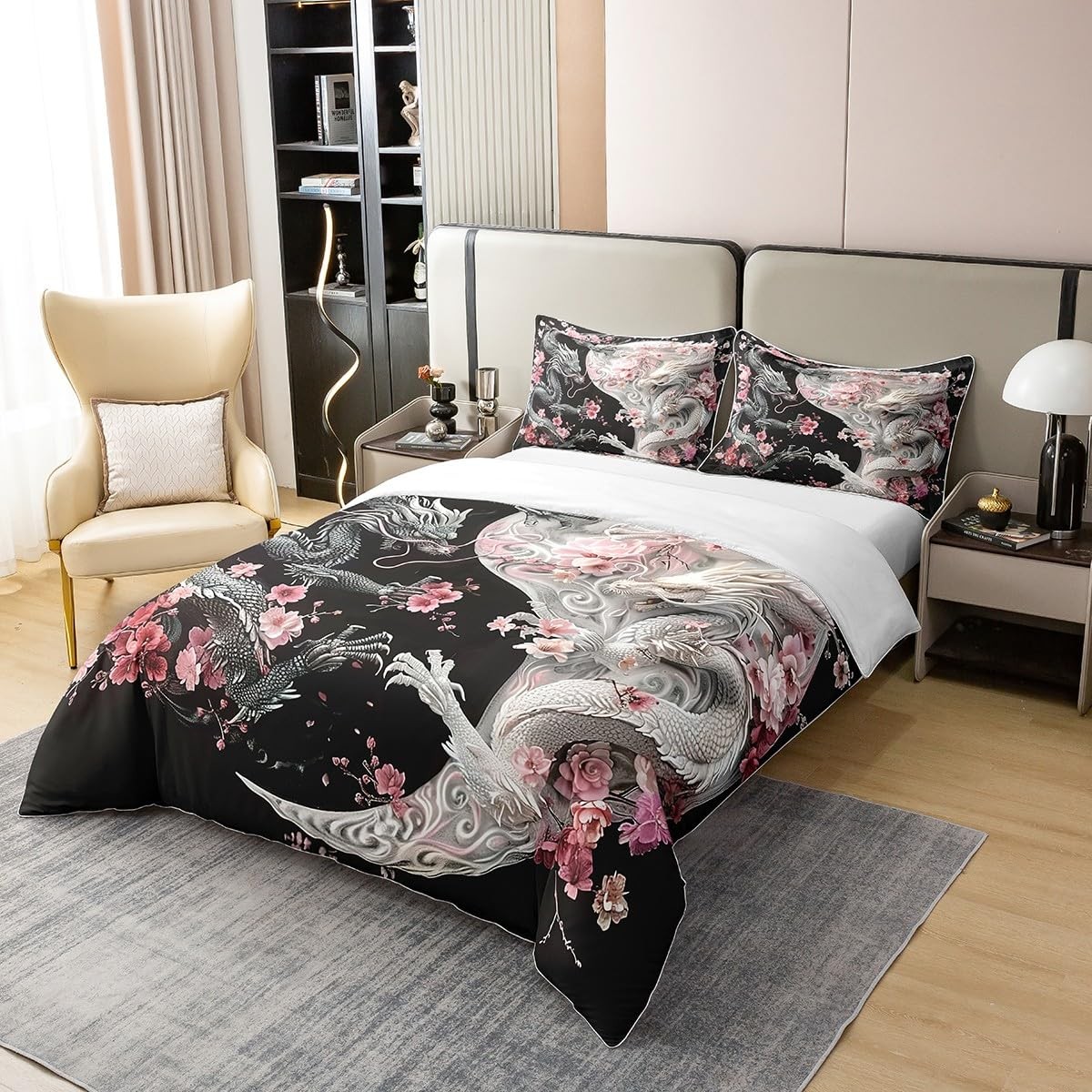 Chinese Style Dragon Bedding Set Yin-yang Geometric Duvet Cover Pink Flowers ...