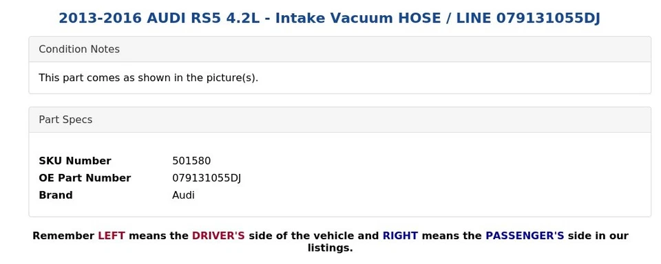 2013-2016 AUDI RS5 4.2L - Intake Vacuum HOSE / LINE 079131055DJ - Image 3 of 4