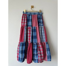 Vintage Patchwork Plaid Midi Skirt Cottagecore Red Blue Americana Prairie Boho