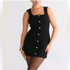 J.Crew Black Wool Blend Tweed Crystal Button Mini Dress Size 00 Sleeveless
