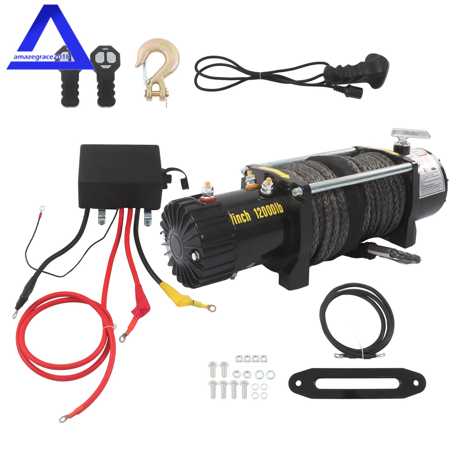 12000lb 12V DC Electric Synthetic Rope Winch, 6HP Copper Motor 265:1 Gear Ratio
